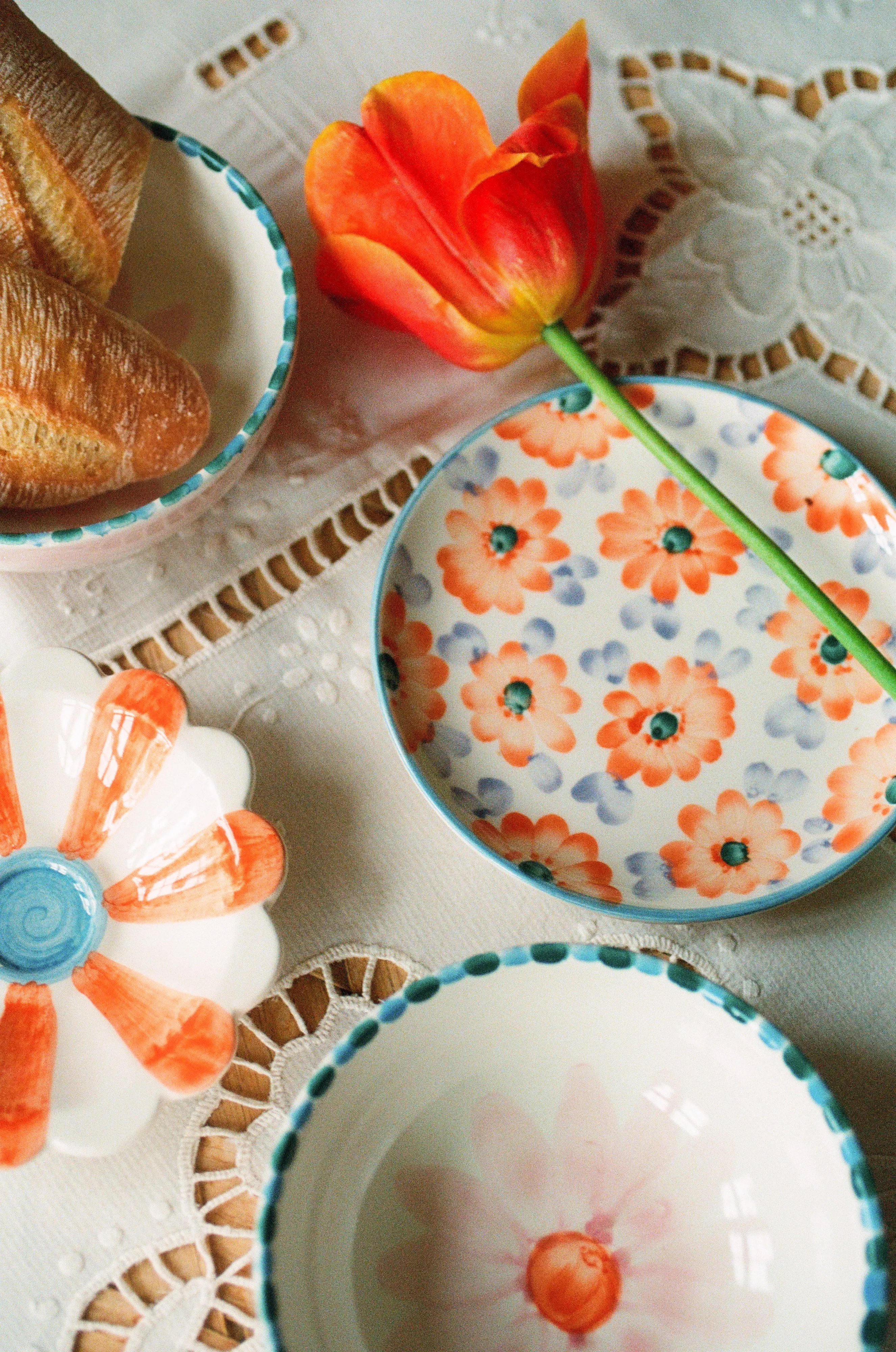 Ceramic Cappuccino Cup with Hand Painted Orange Flowers - 6.7 oz