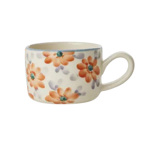 Ceramic Cappuccino Cup with Hand Painted Orange Flowers - 6.7 oz