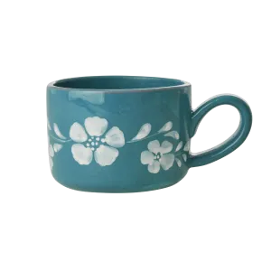 Ceramic Cappuccino Cup with Hand Painted White Flowers Vine - 6.7 oz